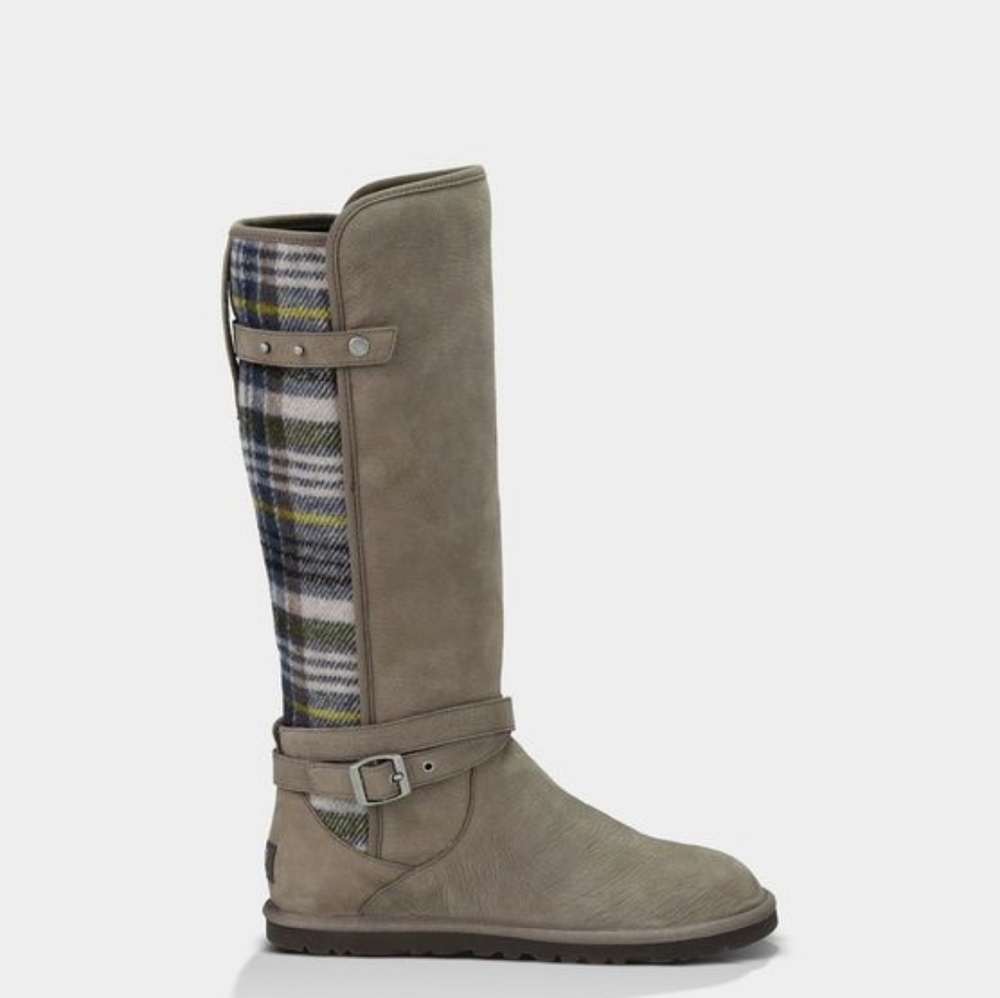 UGG Marielle Plaid and Leather Boots Grey size 7 Cold Weather Hygge